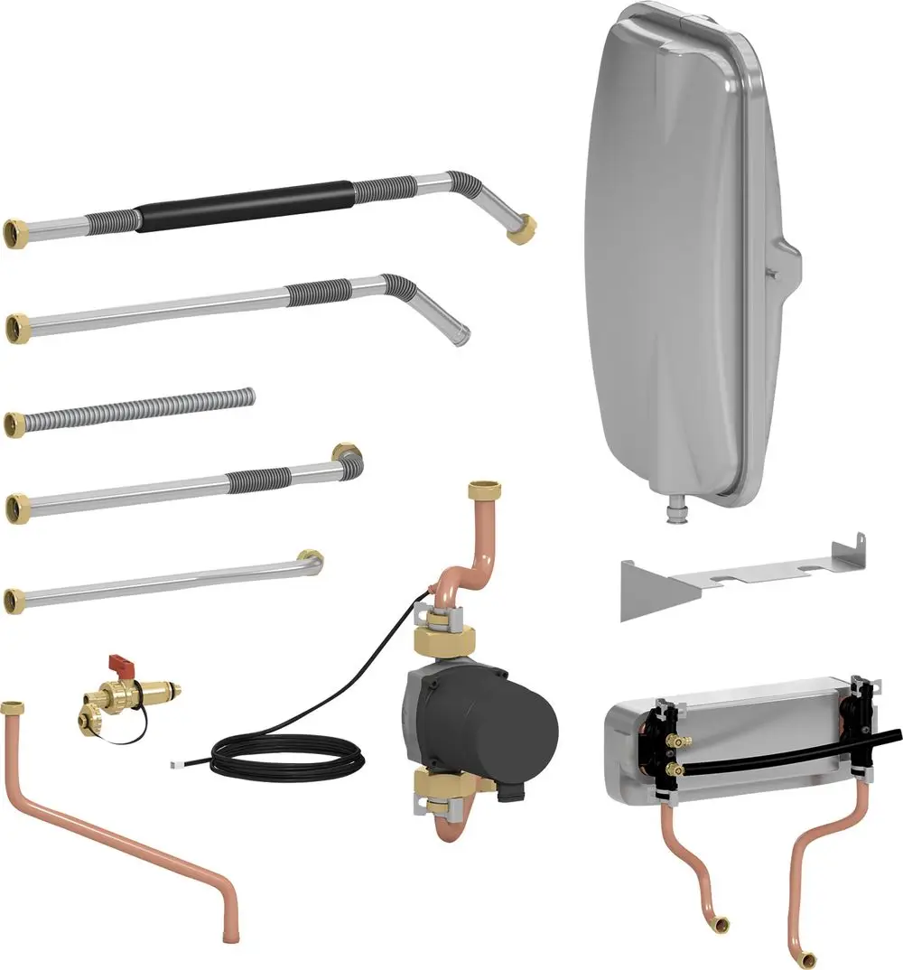 Installationszubehör von Bosch, bestehend aus verschiedenen Rohren und einer Pumpe, die für die Systemtrennung und den Anschluss in Heizungsanlagen genutzt werden kann.